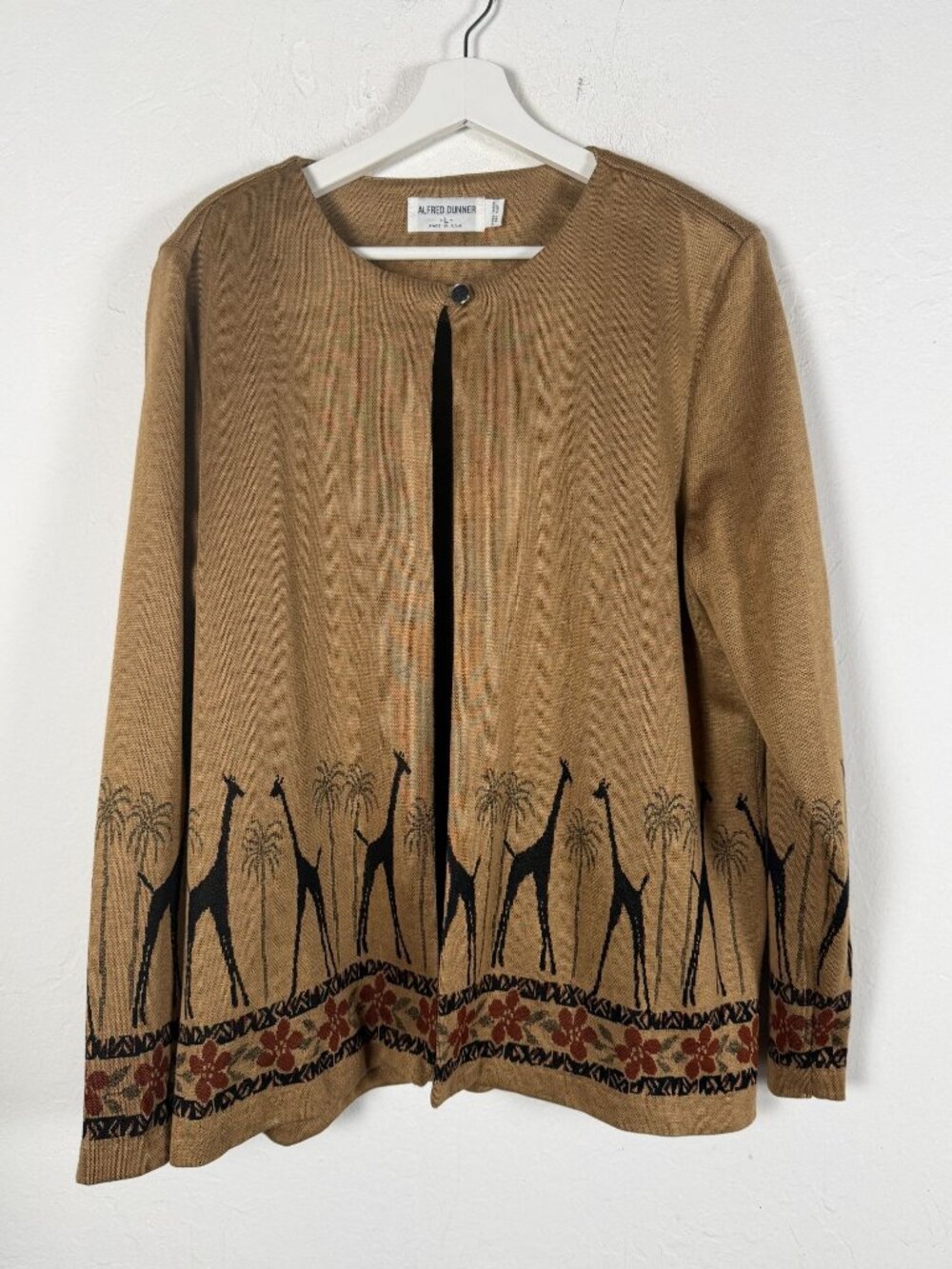 Alfred Dunner Giraffe Print Tan Cardigan Jacket Large Open Front Long Sleeve USA